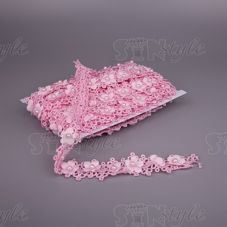 Кружево ажурное с цветами и бусинами, ширина 30 мм, намотка 10 ярдов, цвет розовый (№4) фото 3