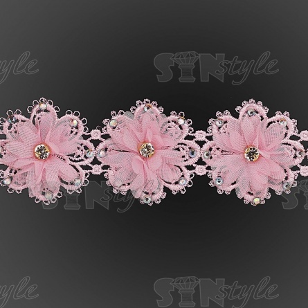 Кружево "Цветочное" ажурное с объемными цветами и стразами, ширина 50 мм, цвет розовый, намотка 10 ярдов фото 2