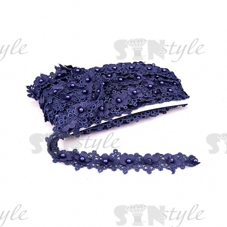 Кружево ажурное с цветами и бусинами, ширина 30 мм, намотка 10 ярдов, цвет темно-синий (№120) фото 3