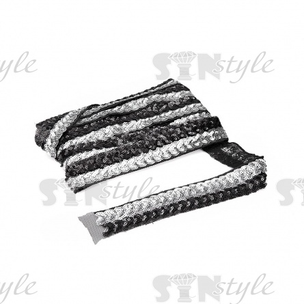 Декоративная тесьма-сетка, расшитая пайетками, цвет черный+серебро, ширина 30 мм, намотка 10 ярдов фото 3