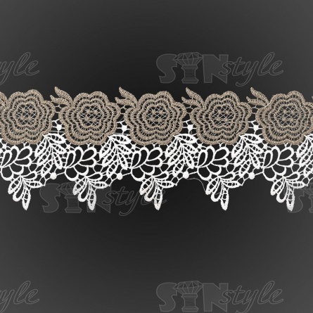 Кружево вязаное ажурное, цвет золотой с белым, намотка 15 ярдов, ширина 100 мм фото 1