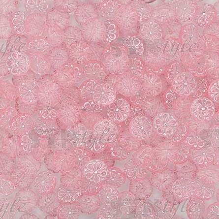 Пуговица пластиковая на полуножке, размер 20L, форма круглая, на шляпке орнамент в виде цветка, цвет розовый прозрачный фото 3