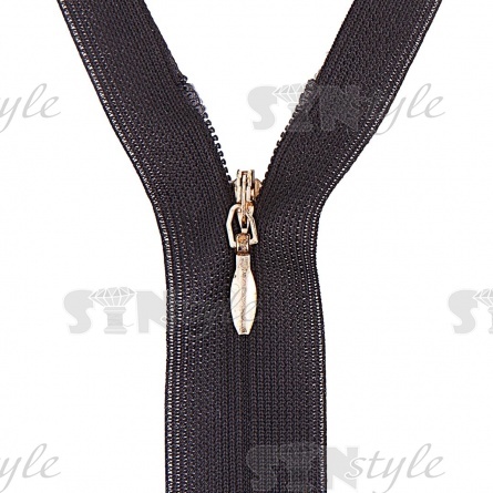 Молния спираль, тип 3, потайная, неразъемная, основа капрон, длина 20 см, цвет 322 (черный), бегунок золотого цвета фото 2