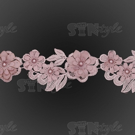 Кружево "Цветочное", ширина 55 мм, цвет грязно-розовый, украшено бусинами в цвет кружева, намотка 10 ярдов фото 2