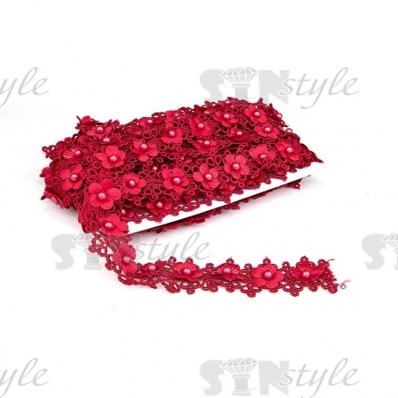 Кружево ажурное с ветами и бусинами, ширина 30 мм, намотка 10 ярдов, цвет бордовый (№48) фото 3