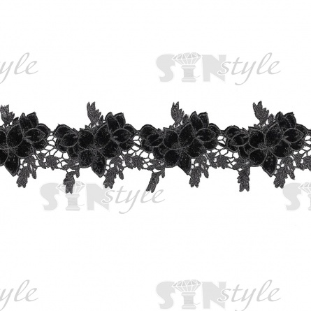 Кружево бархатное, ажурная гирлянда из бархатных цветов в обрамлении нежных листочков, ширина 105 мм, намотка 10 ярдов цвет черный фото 1