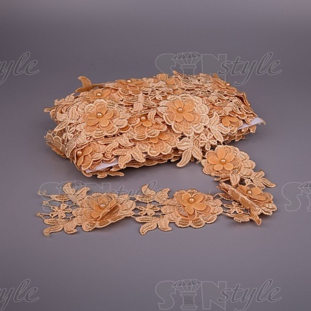 Кружево Цветочное, воздушная цветочная гирлянда с бусиной в центре цветка, намотка  10 ярдов, ширина 65 мм, цвет горчичный фото 1