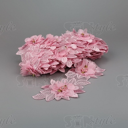 Кружево "Цветочное" на тонкой капроновой основе с объемными цветами, ширина 130 мм, намотка 10 ярдов, цвет грязно-розовый  фото 1