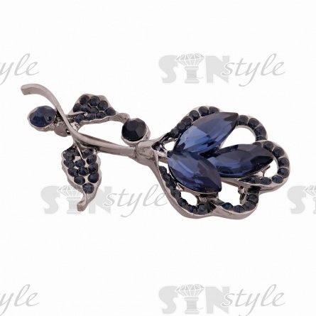 Брошь металлическая со стразами, цвет темный никель+синие стразы,застежка булавка, размер 32х64 мм фото 2