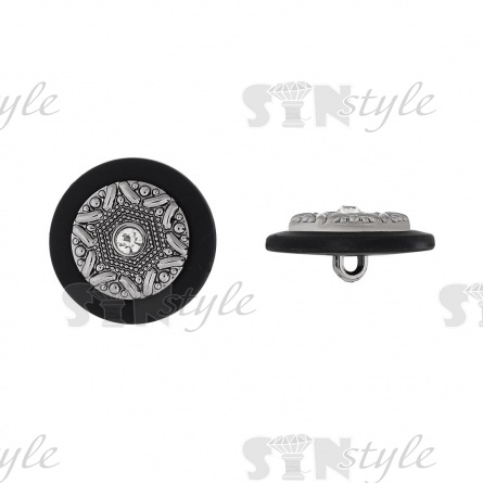 Пуговица пластиковая на ножке, размер 48L, основа черная, вставка цвета темный никель с белой стразой фото 1