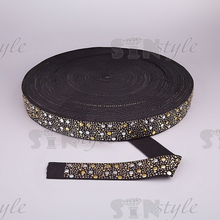 Резинка декоративная, ширина 35 мм, цвет черный+золото+серебро, намотка 47 ярдов фото 2