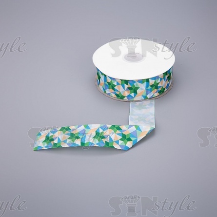 Лента репсовая, с геометрическим принтом, ширина 25 мм, цвет зеленый+микс, намотка 20 ярдов фото 1