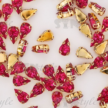 Стразы пришивные акриловые в цапах, форма капля, цвет золото+малиновый, размер 6х10мм, 200 шт/уп. фото 3