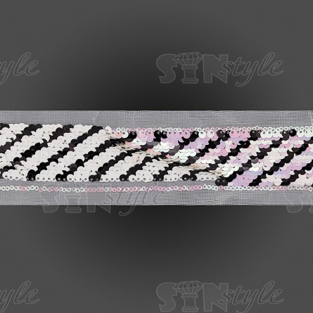 Тесьма на сетке, расшитая пайетками, ширина 42 мм, цвет розовый+черный, рулон 14 ярдов фото 2