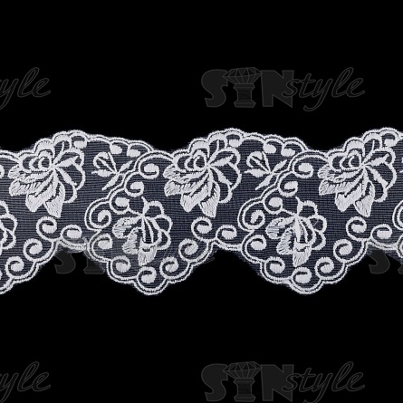 Кружево на сетке белого цвета с белой вышивкой, ширина 75 мм, намотка 15 ярдов фото 3