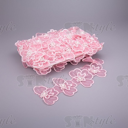 Кружево "Бантики" на капроновой ленте со стразами, ширина 65 мм, цвет розовый, намотка 15 ярдов фото 1