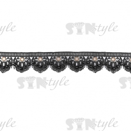 Кружево ажурное с золотыми люверсами, черными бусинами и белыми стразами, ширина 60 мм, намотка 15 ярдов, цвет черный фото 1