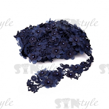 Кружево "Цветочное", воздушная цветочная гирлянда с бусиной в центре каждого цветка, ширина 85 мм, намотка 10 ярдов, цвет темно-синий фото 2