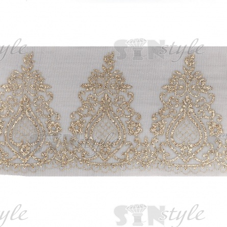 Кружево на сетке черного цвета с золотым глиттером, ширина 225 мм, намотка 15 ярдов фото 2