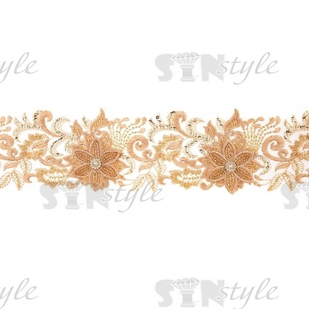 Кружево 3D на сетке с цветочным орнаментом, расшитое микробисером, пайетками и стразами, ширина 100 мм, цвет золотой, намотка 10 ярдов  фото 1