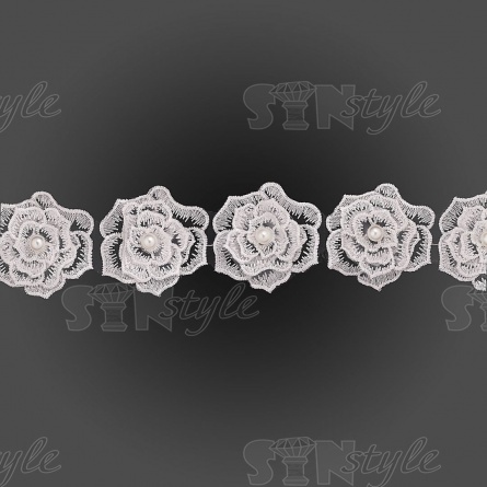 Кружево "Цветочки" украшено  бусиной, на капроновой ленте, ширина 55 мм, цвет белый (7), намотка 20 ярдов фото 2