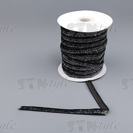 Лента бархатная с люрексом, ширина 10 мм, цвет черный+серебряный, намотка 50 ярдов фото 3