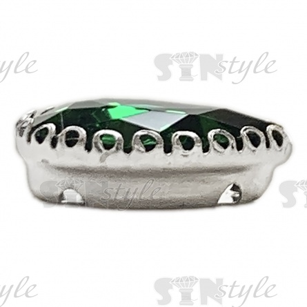 Стразы пришивные стеклянные в оправе, форма капля, цвет серебро+зеленый, размер 13х18 мм фото 2