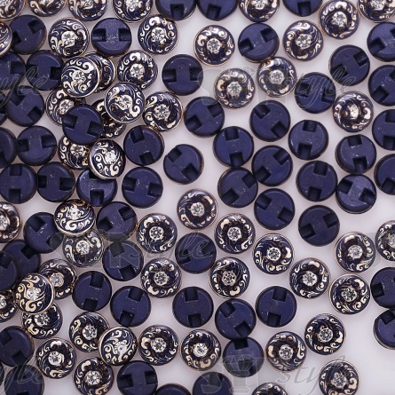 Пуговица пластиковая на полуножке, размер 20L, круглой формы, цвет черный, золотой арнамент, белая страза фото 3