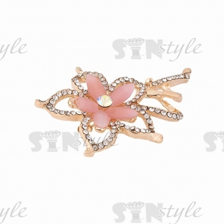 Брошь металлическая со стразами, застежка булавка, цвет золото+белые/розовые стразы, 43х68 мм фото 2