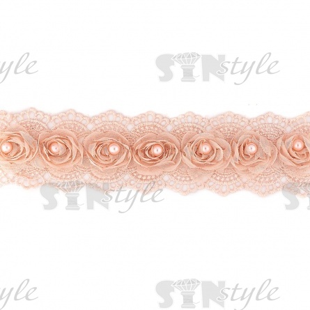 Кружево ажурное с отделкой из органзы и бусин, цвет грязно-розовый, ширина 60 мм, намотка 10 ярдов фото 1