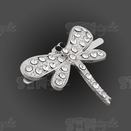 Брошь металлическая  со стразами, крепление усики, цвет никель+белые стразы, размер 35х30 мм фото 2
