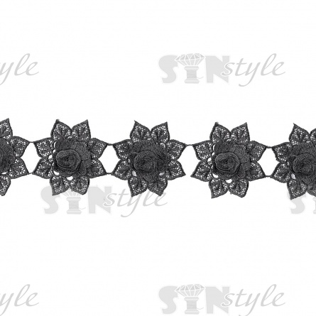 Кружево "Цветочное", гирлянда из объемных бутонов роз на нежной кружевной основе, ширина 100 мм, цвет черный, намотка 15 ярдов фото 1