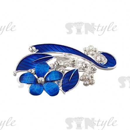 Брошь со стразами "Цветочек", размер 39х53 мм, цвет никель+стразы белые+эмаль синяя, застежка булавка фото 2