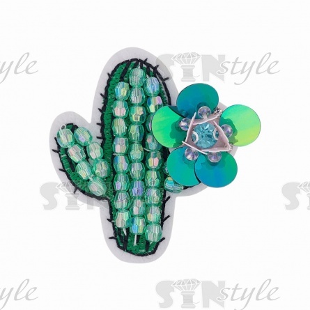 Аппликация "Кактус" с элементами из бисера, цвет зеленый,  размер 50х50 мм фото 1