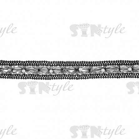 Ажурная отделочная тесьма, декорированная капроновой лентой, бусинами и стразами, ширина 28 мм, намотка 15 ярдов, цвет черный  фото 2