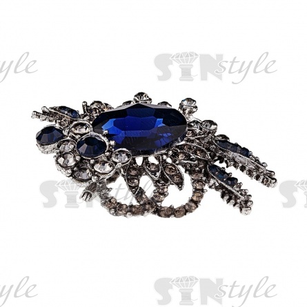 Брошь со стразами, размер 35х48 мм, цвет темный никель+стразы+темно-синие стразы, застежка булавка фото 2