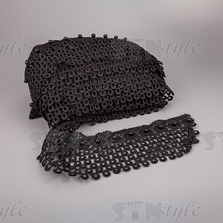 Кружево ажурное с отделкой, нежное переплетение гирлянды цветочных мотивов с бусиной в центре цветка и и капельками по нижнему краю, словно частый весенний дождик, ширина 95 мм, намотка 15 ярдов, цвет черный фото 3