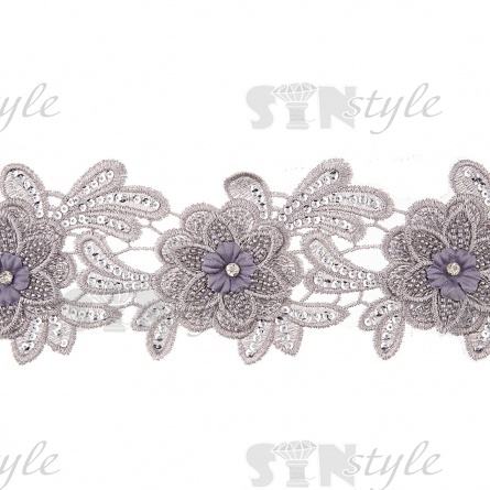 Кружево 3D на сетке с цветочным орнаментом, расшитое микробисером, пайетками и стразами, ширина 100 мм, цвет серебряный, намотка 10 ярдов  фото 1