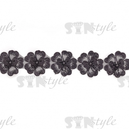 Кружево "Цветочки" нежная объемная цветочная гирлянда с бусиной черного цвета в центре каждого цветка, на капроновой ленте, ширина 55 мм, цвет черный, намотка 20 ярдов фото 2
