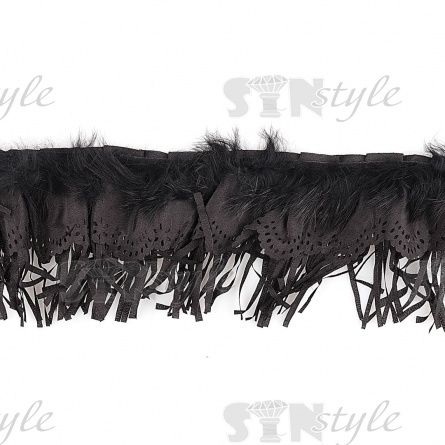 Кружево с отделкой, кружево с плотной бахромой и с элементами из меха по краю изделия по всей длине, ширина  90мм, намотка 5 ярдов, цвет черный фото 2