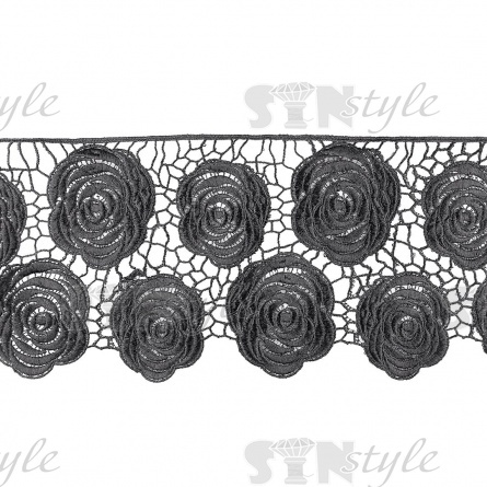 Кружево ажурное, оригинальная объемная гирлянда с крупными цветами, ширина 210 мм, цвет черный, намотка 15 ярдов фото 2