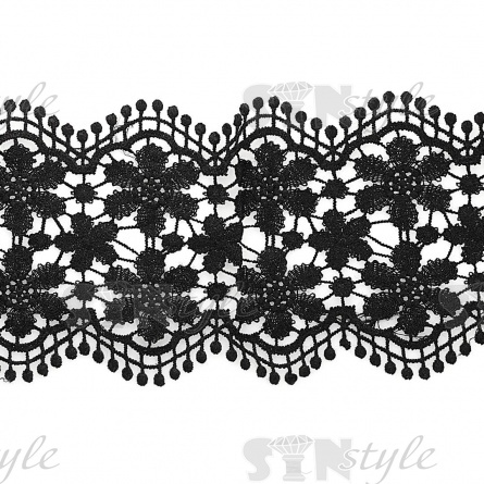 Кружево ажурное, нежная цветочная гирлянда с крупной бахромкой по зигзагообразному краю, ширина 110 мм, цвет черный, намотка 15 ярдов фото 2