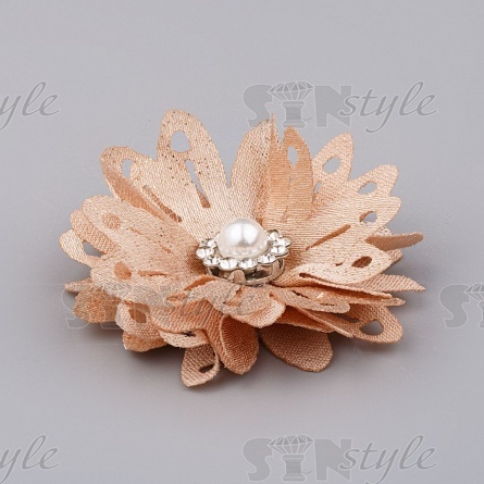 Цветочки декоративные со стразами и бусиной, цвет бежевый, диаметр 40 мм. фото 2