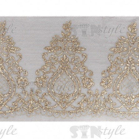 Кружево на сетке черного цвета с золотым глиттером, ширина 225 мм, намотка 15 ярдов фото 1