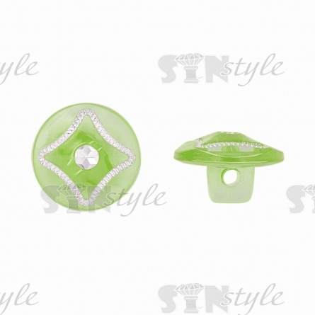 Пуговица пластиковая на ножке, круглая, салатовая прозрачная с белой стразой в центре, 20L фото 1