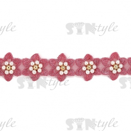 Кружево "Цветочки" украшено бусинами контастного цвета,на капроновой ленте, ширина 30 мм, цвет старо-розовый (55), намотка 20 ярдов фото 3