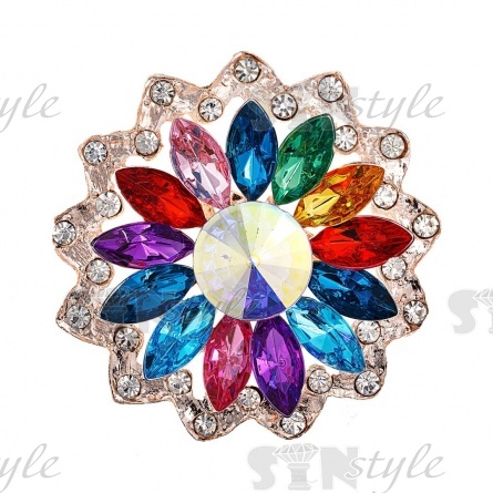 Брошь со стразами, размер 52 мм, цвет золото+цветные стразы, застежка булавка фото 1