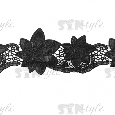 Кружево кожаное, на тонкой ажурной основе россыпь крупных цветов из кожи, ширина 120 мм, намотка 10 ярдов, цвет черный фото 2