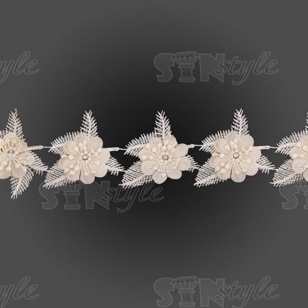 Кружево "Цветочное", воздушная цветочная гирлянда с белой стразой в середине цветка, ширина 80 мм, намотка 10 ярдов, цвет шампань  фото 3