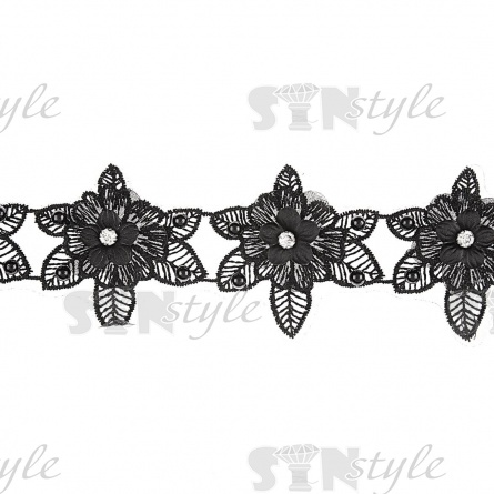Кружево "Цветочное", ширина 60 мм, цвет черный, декорировано черными бусинами и белыми стразами, намотка 10 ярдов  фото 2